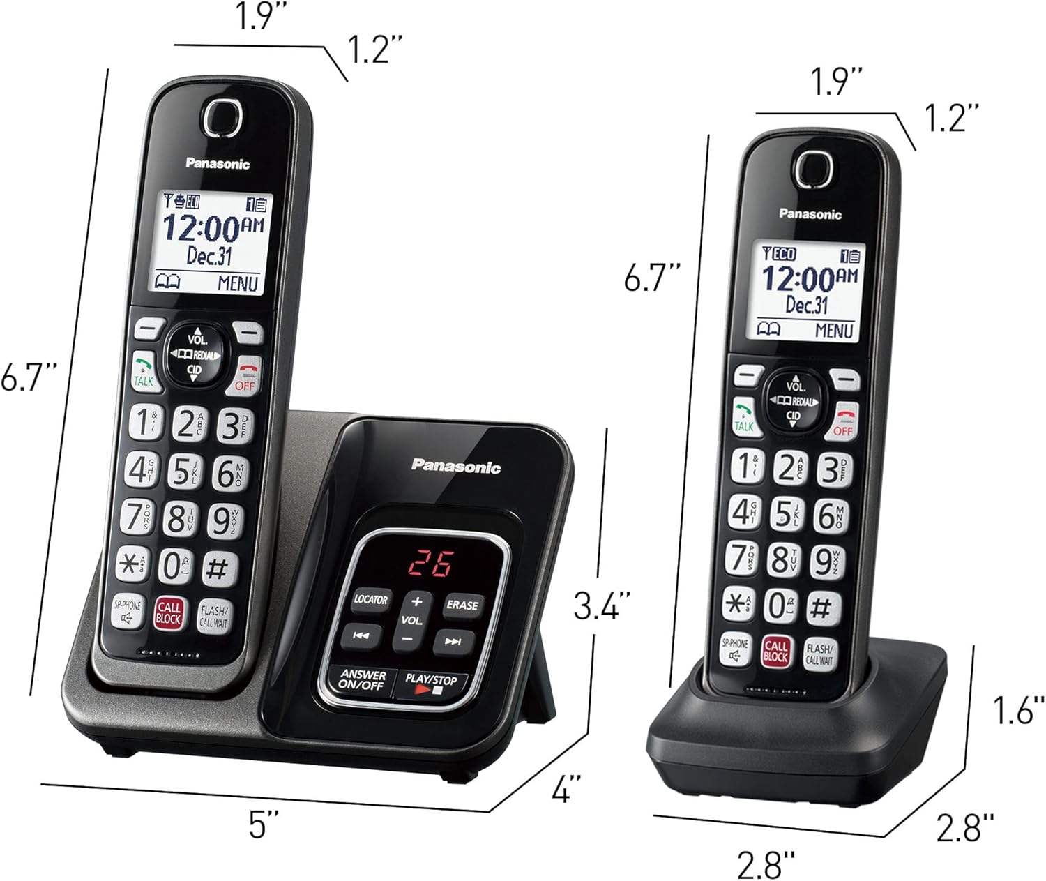 2Pack .. ..Panasonic Cordless Phone with Answering Machine, Advanced Call Block, Bilingual Caller ID and Easy to Read High-Contrast Display, Expandable System with 2 Handsets - KX-TGD833M (Metallic Black)
